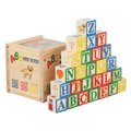 Wooden alphabet blocks stacked in a colourful pyramid beside the matching storage box